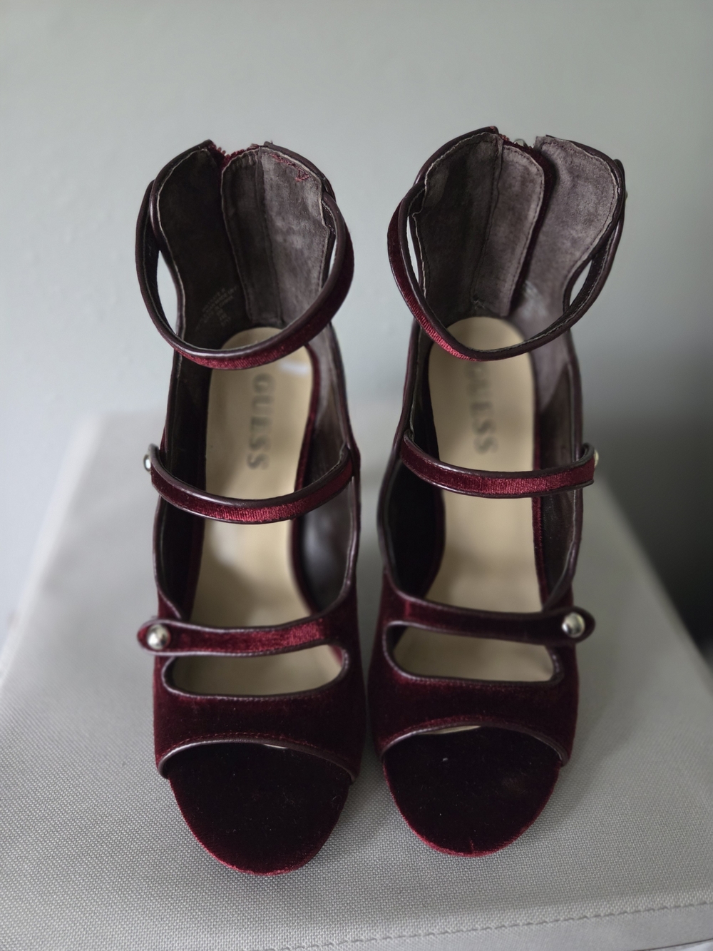 Guess Velvet Strappy High Heels in Burgundy